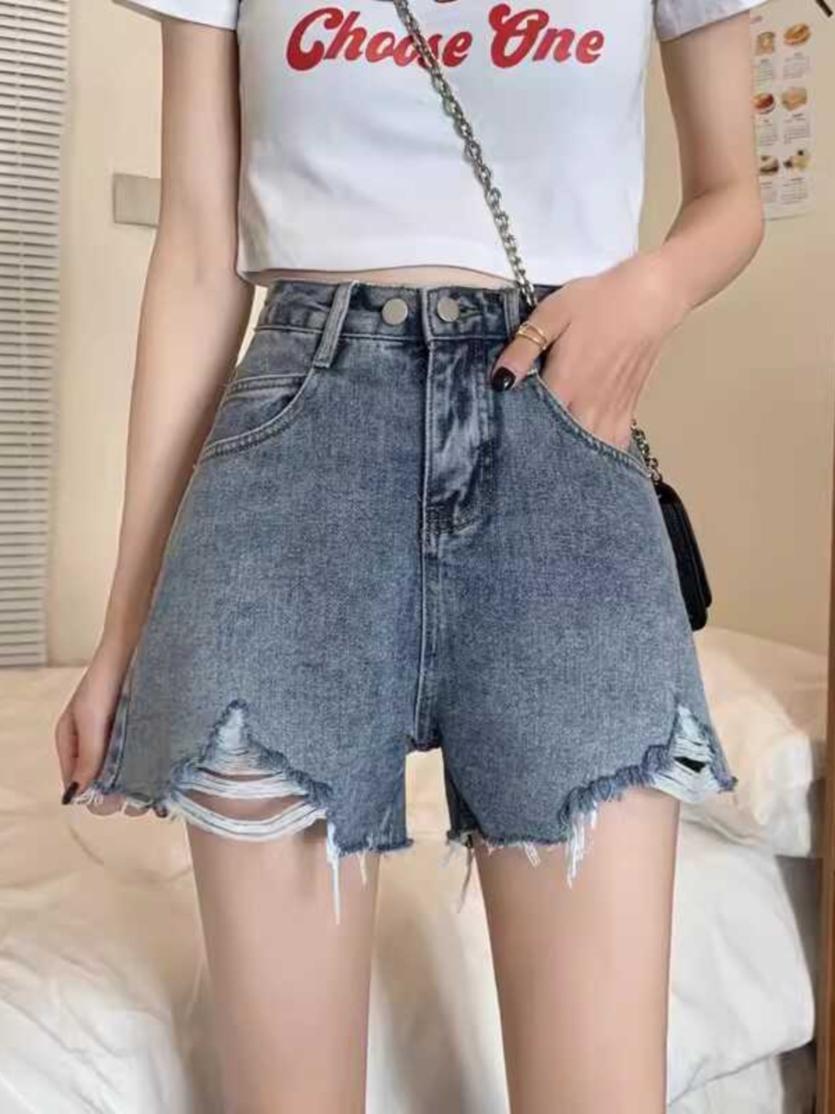 High Waist A-Line Short Shorts - Shorts Denim Frayed ulasan dan harga