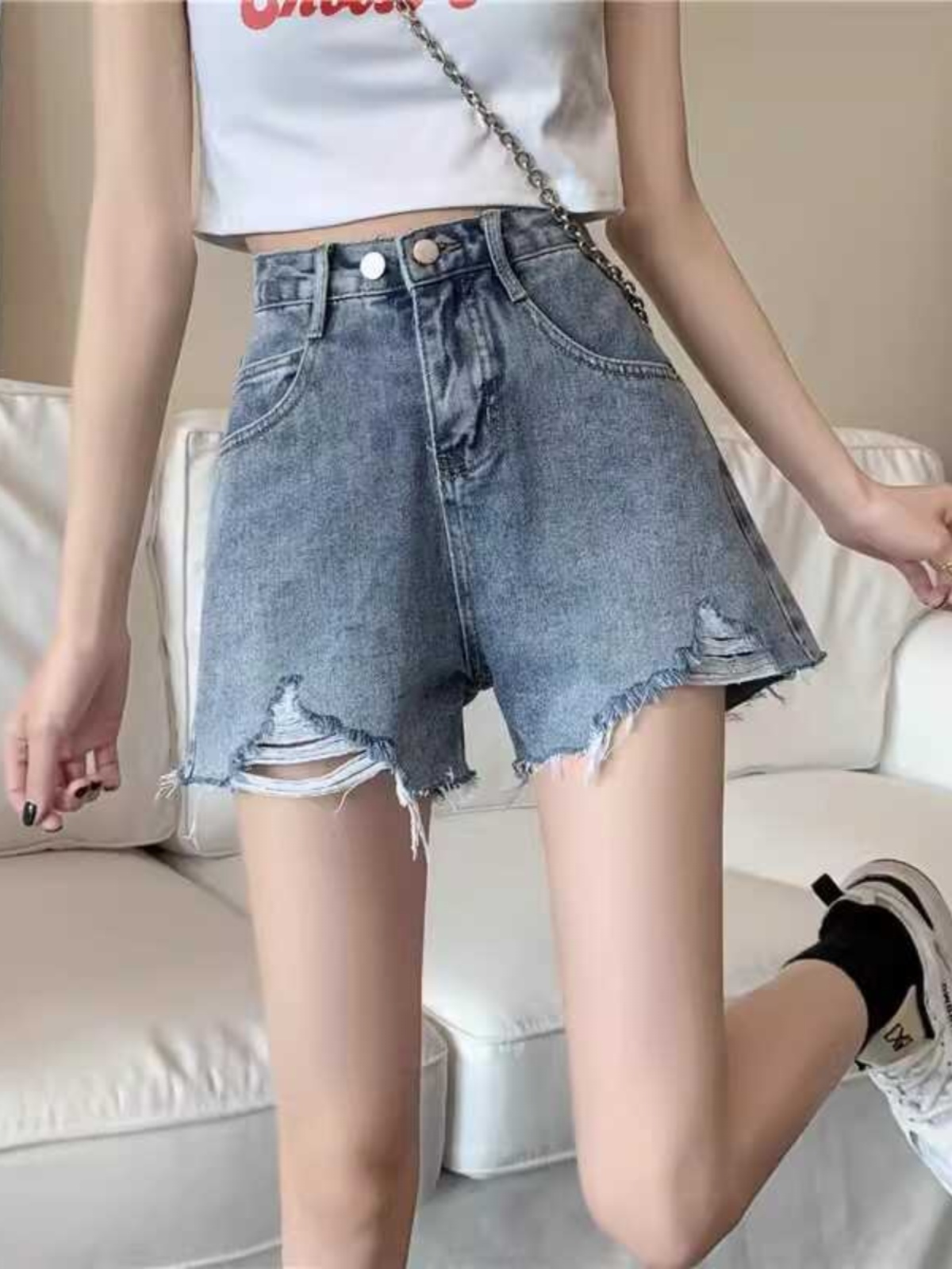 High Waist A-Line Short Shorts - Shorts Denim Frayed ulasan dan harga
