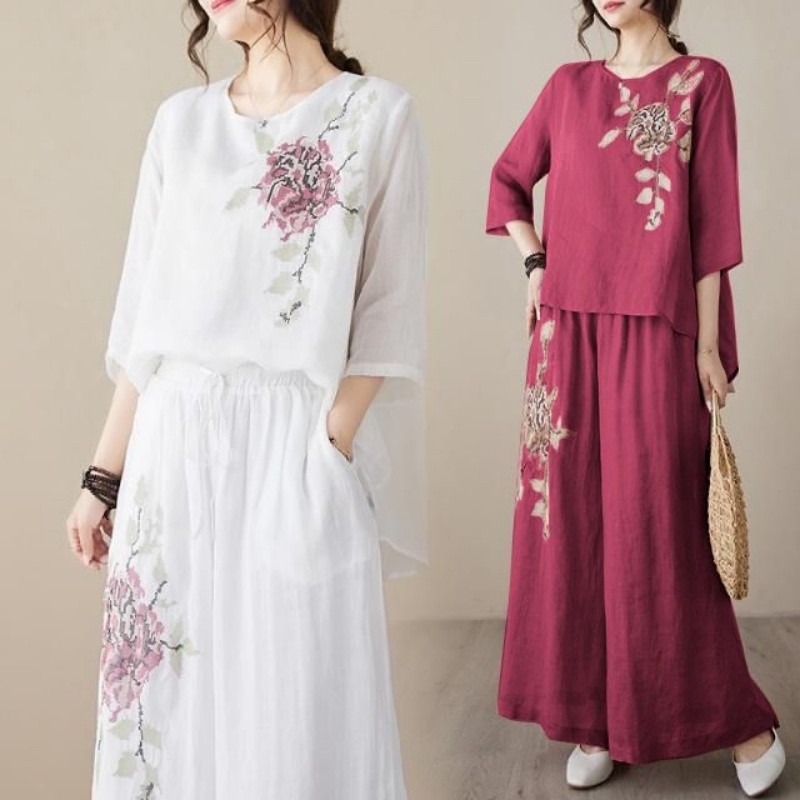 Linen Cotton Two Piece Set Wom - Linen Pant Wide ulasan dan harga